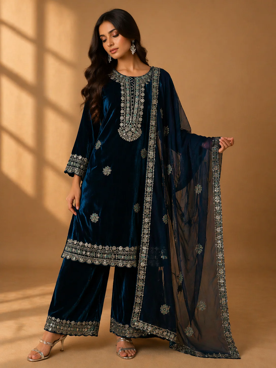 Blue Floral Designed Velvet Co Ord Salwar Suit